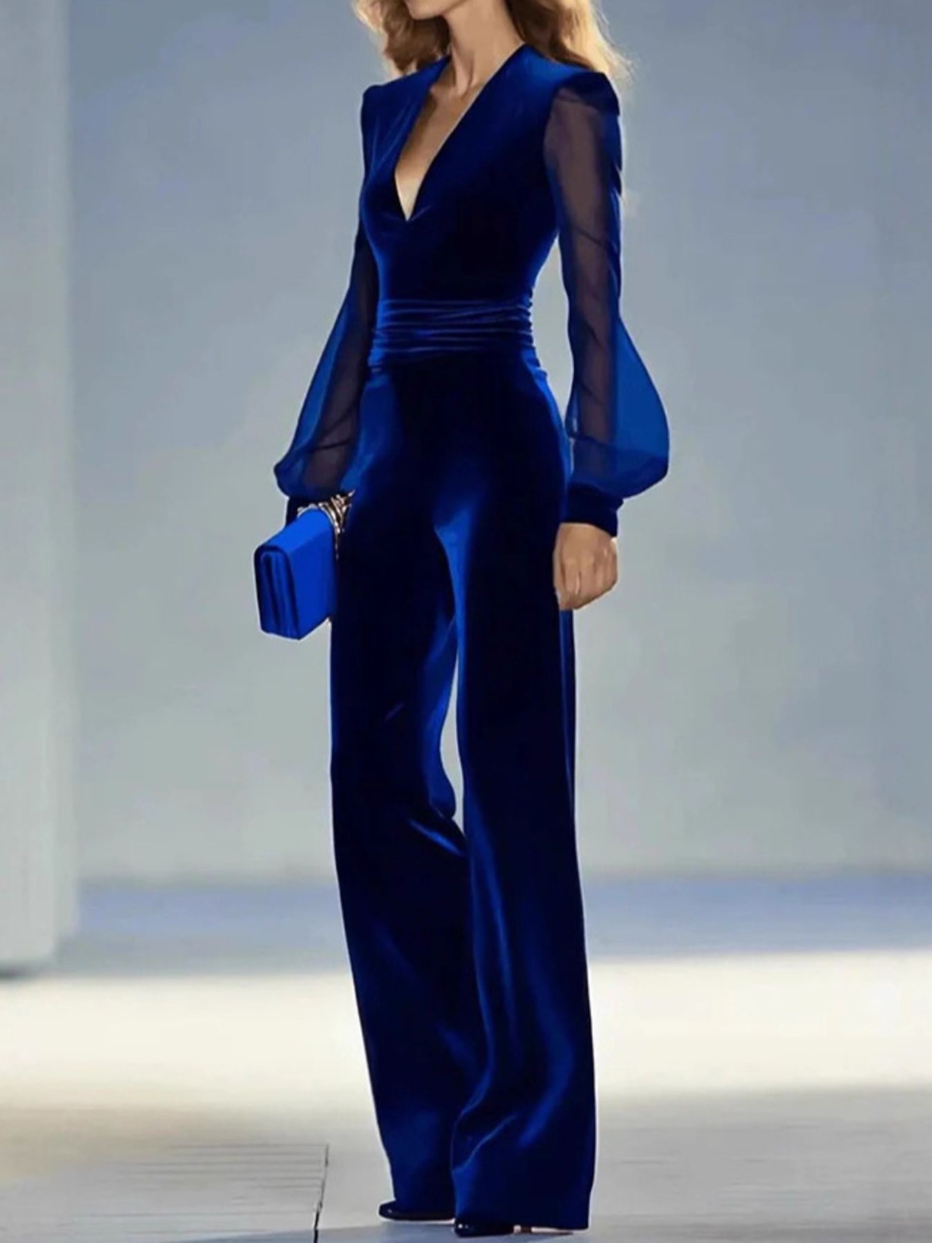 Velvet Wide Leg Jumpsuit in Dark Blue