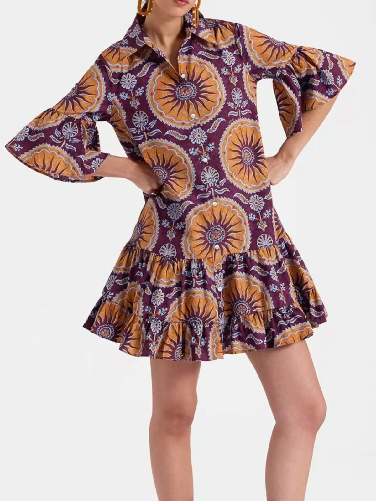 Buttoned Floral Ruffle-Sleeve Mini Dress by Rosaline