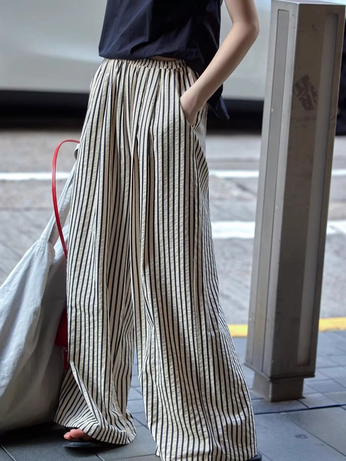 Plus-Size Striped Drawstring Wide-Leg Pants