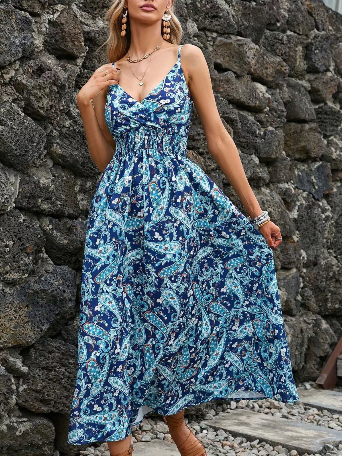 Smocked Paisley Midi Dress