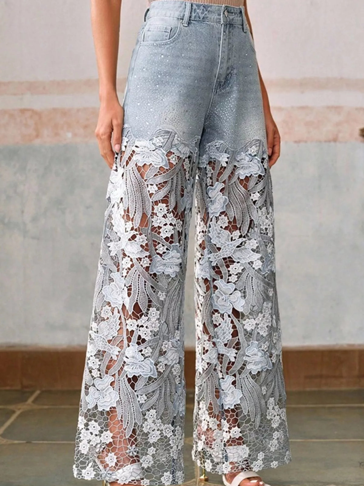 Lace Wide-Leg Jeans in Light Blue