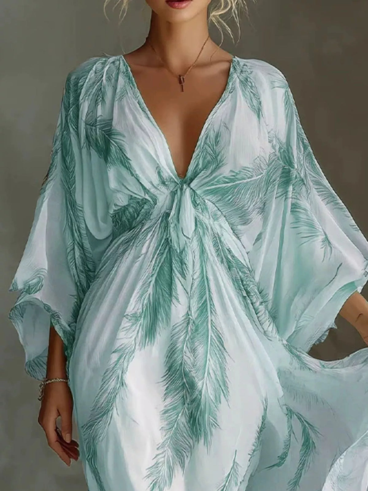 Feather Print V-Neck Flowy Maxi Dress