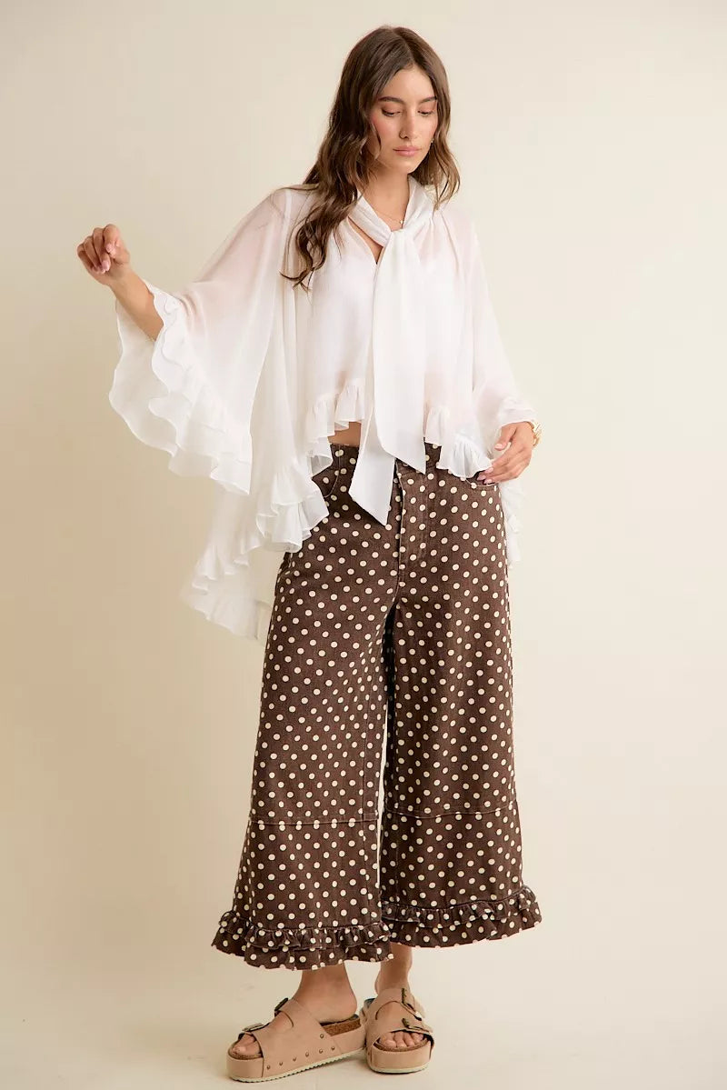 So Me Sheer Ruffle Bell-Sleeve Blouse in White