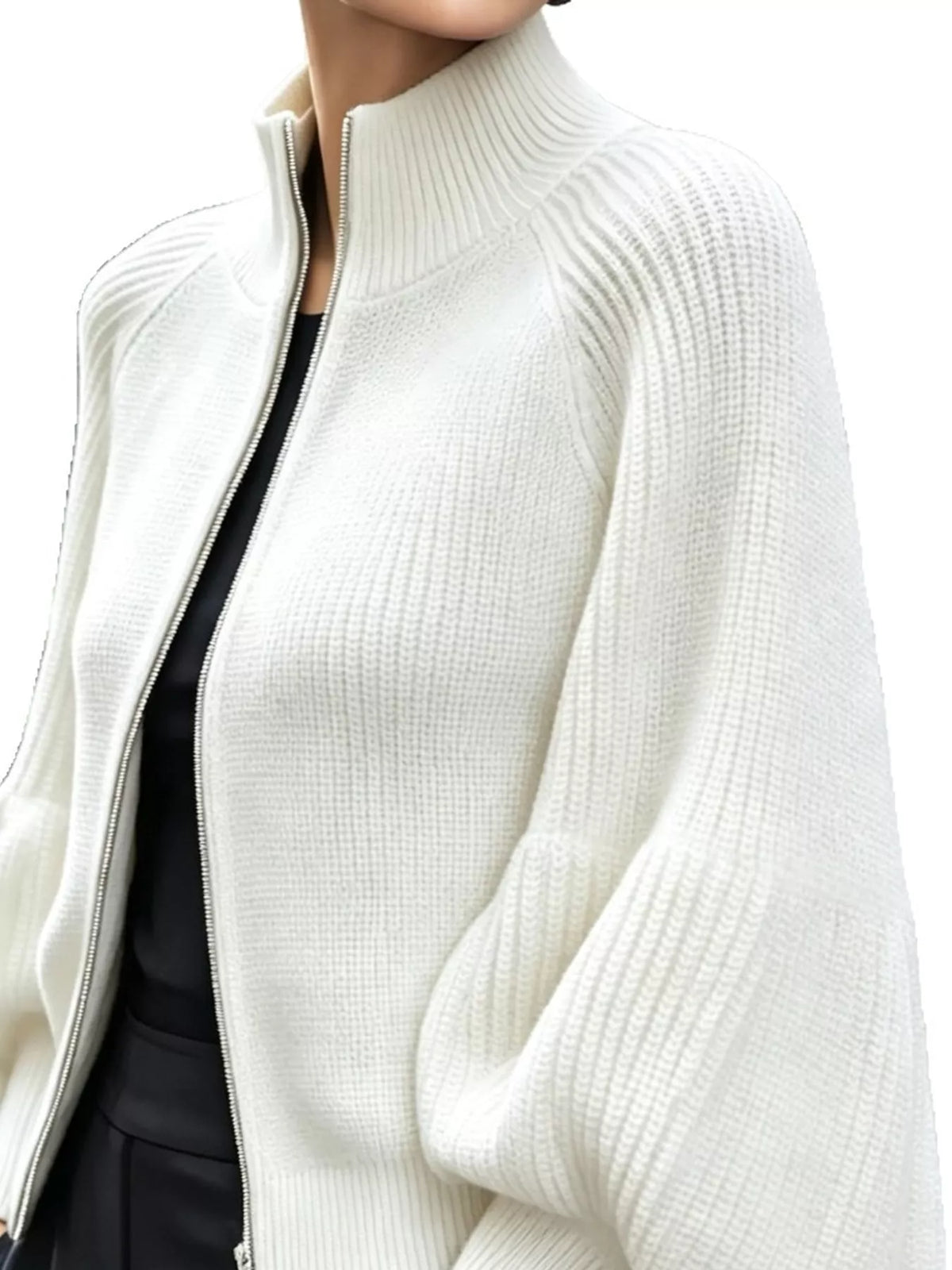 Ribbed Knit Zip-Up Cardigan with Lantern Sleeves