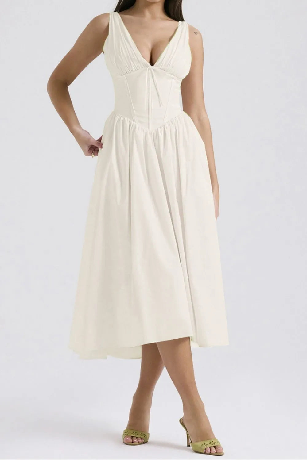 Ruched V-Neck Sleeveless Dress with Pockets