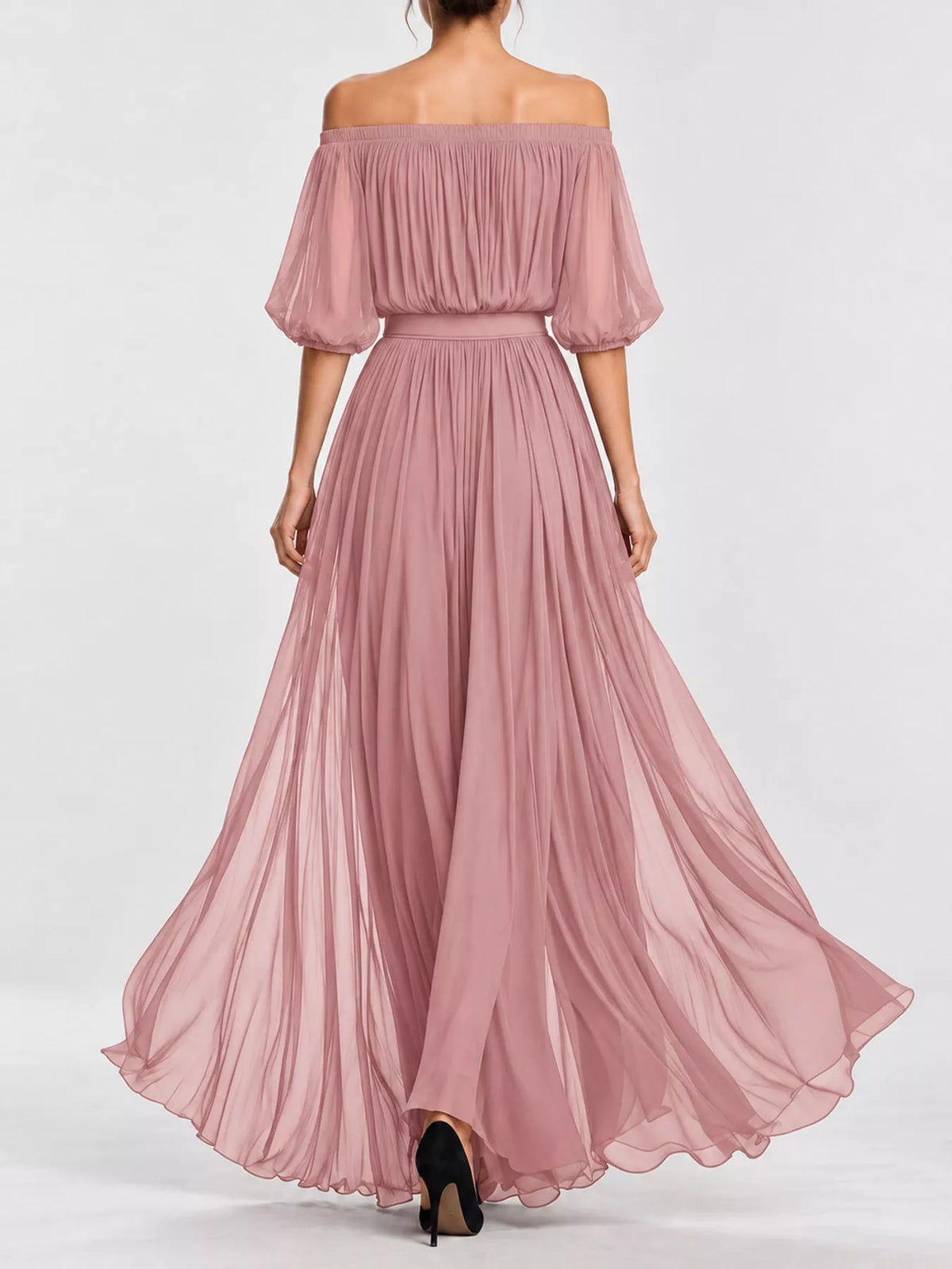 Off-Shoulder Ruched Chiffon Maxi Dress