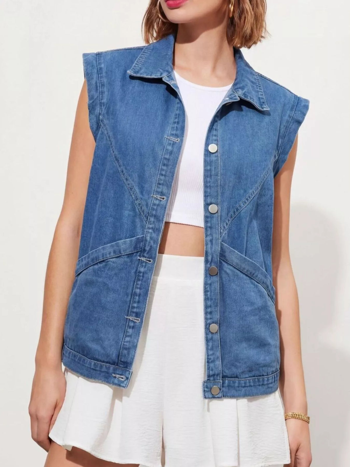 Button-Front Denim Vest in Blue
