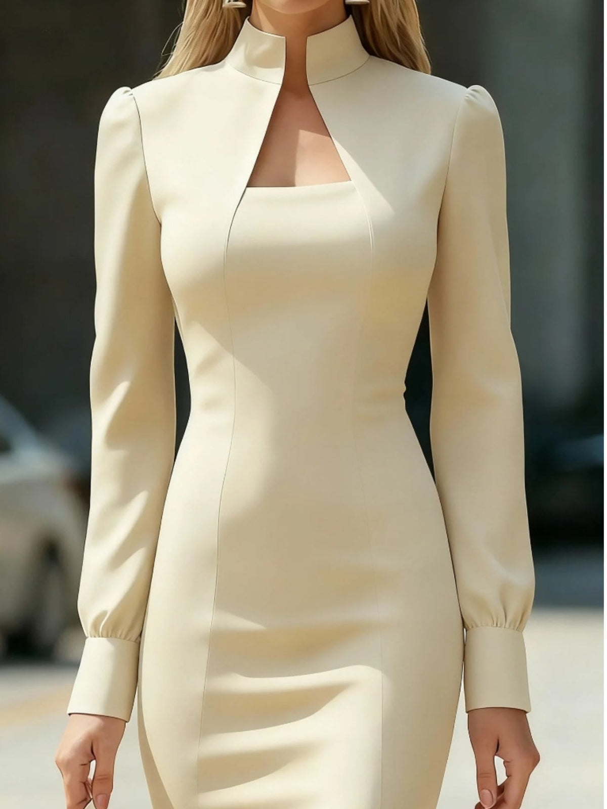 Slit High-Neck Long Sleeve Dress