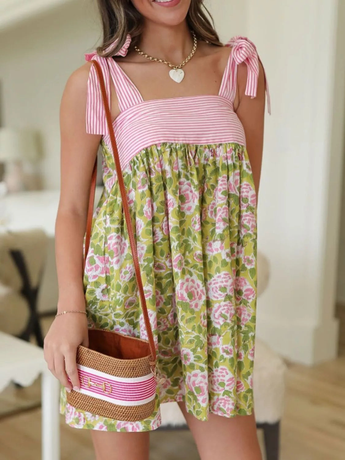 Printed Square Neck Tie-Shoulder Mini Dress by Mystique Q