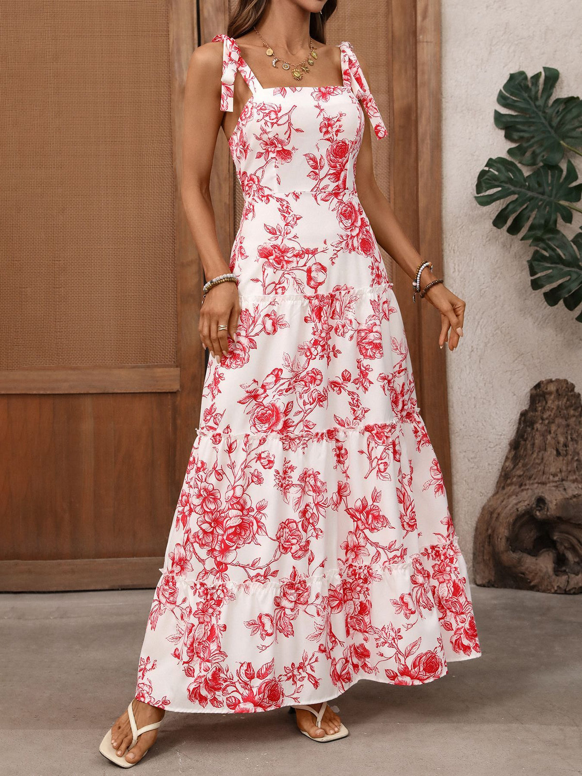 Floral Print Tie Strap Maxi Dress in Red