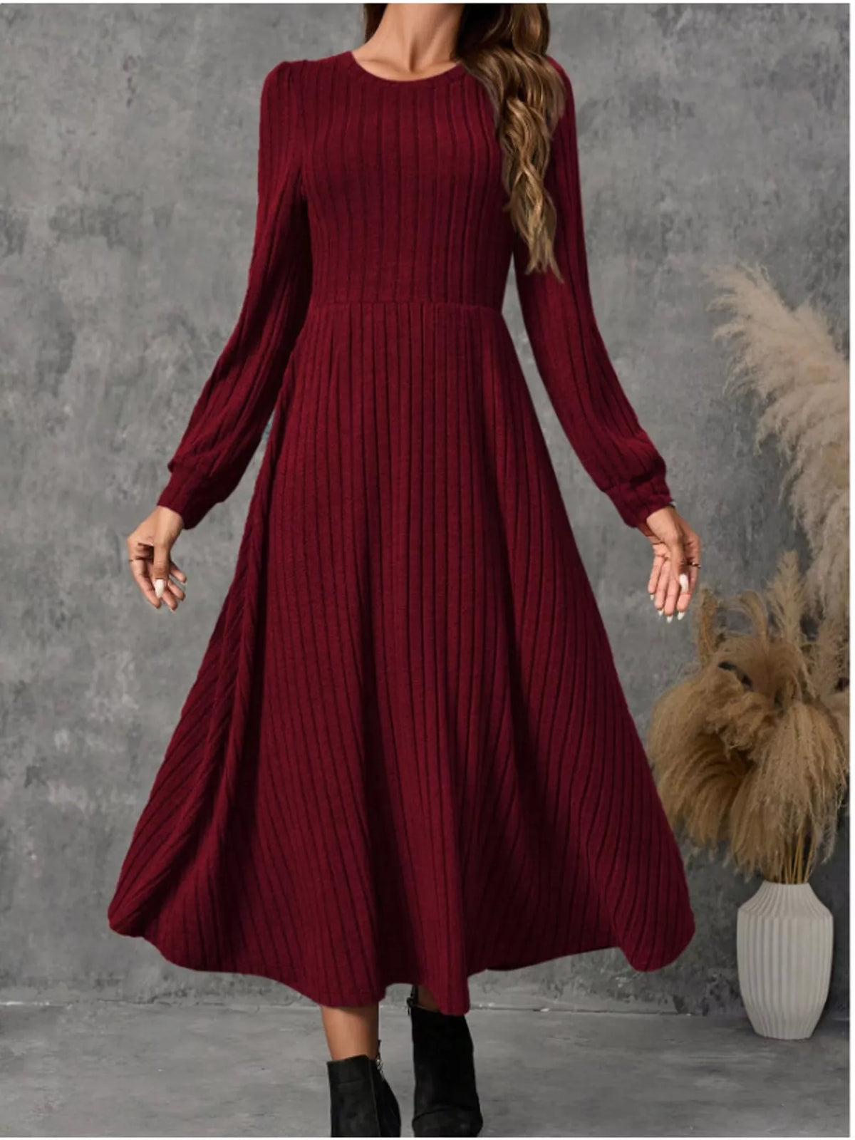 Ribbed Knit A-Line Midi Dress