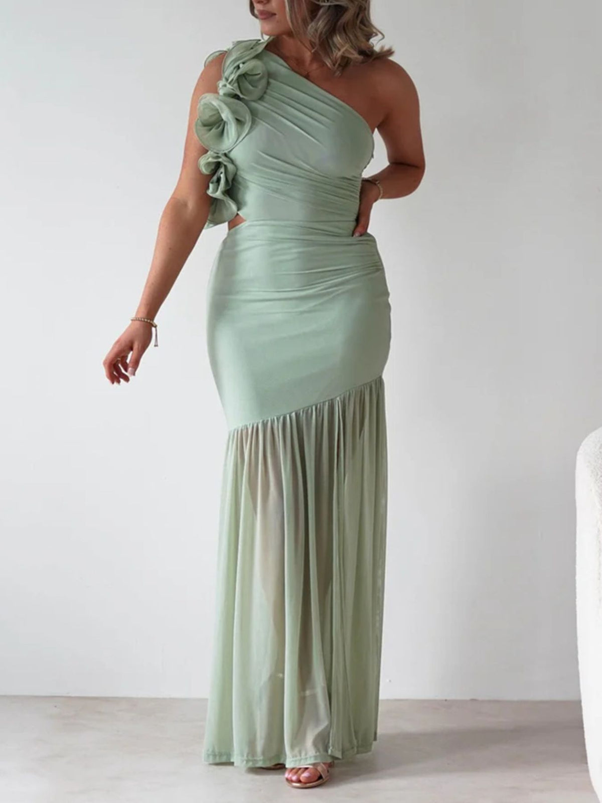 One-Shoulder Ruffle Trim Maxi Dress