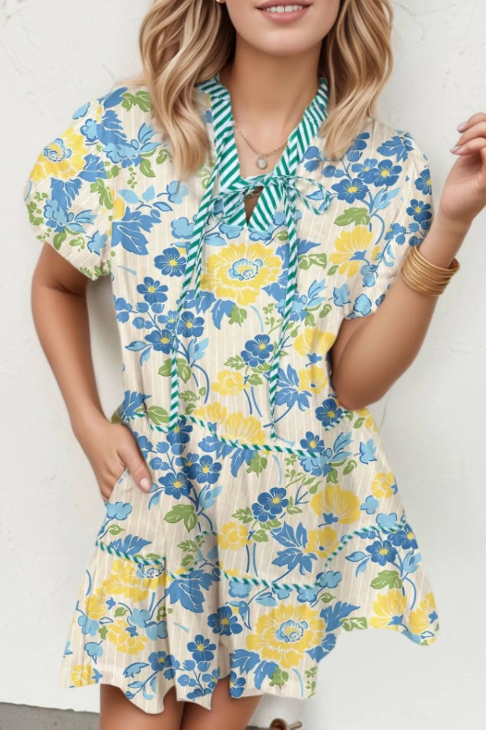Floral Striped Trim Puff Short Sleeve Dress in Pastel Yellow