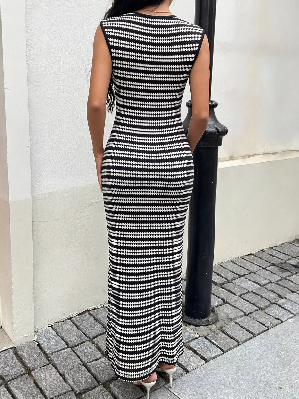 Striped Sleeveless Bodycon Maxi Dress in Black
