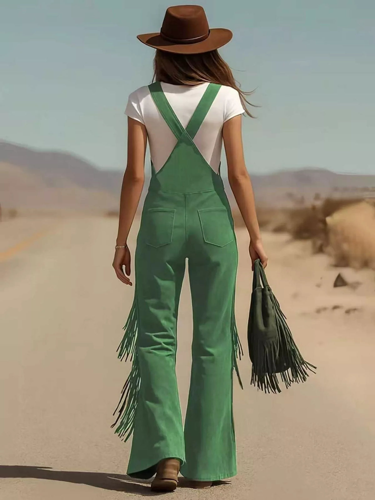 Fringe Detail Flare Leg Overalls