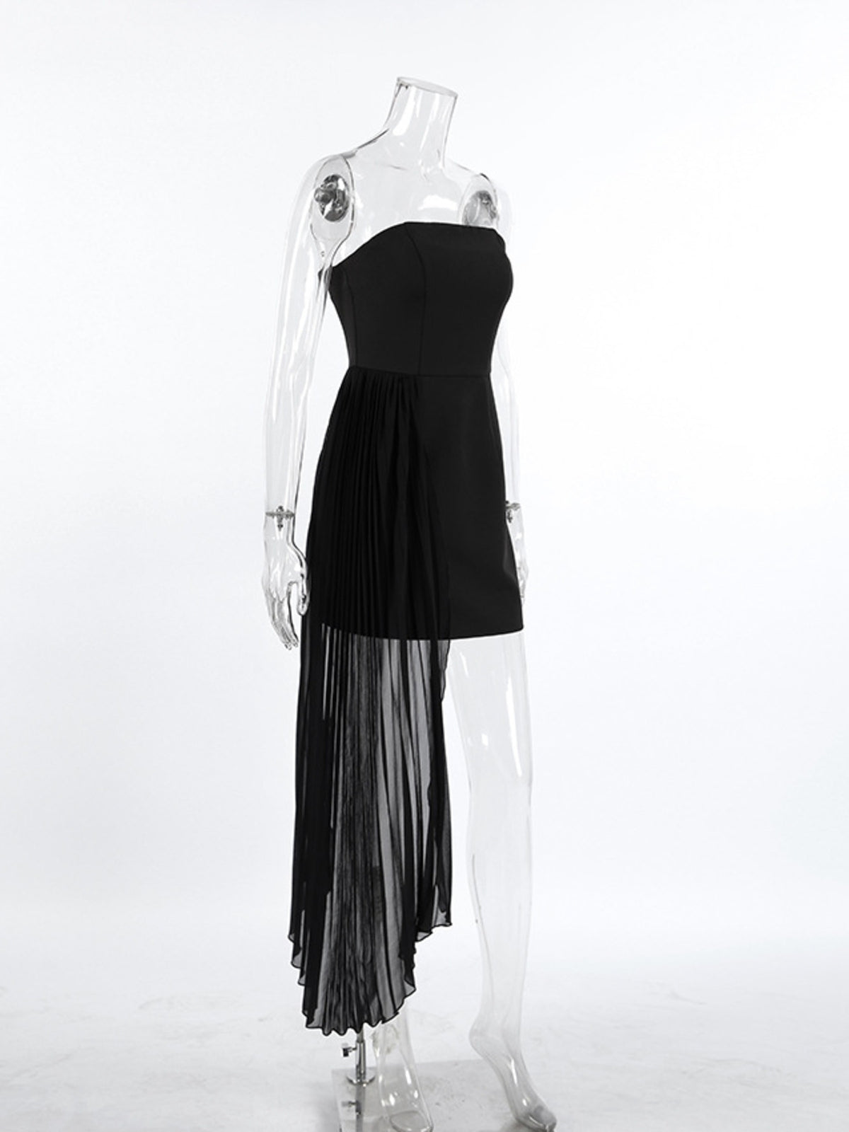 Asymmetrical Pleated Tube Mini Dress in Black