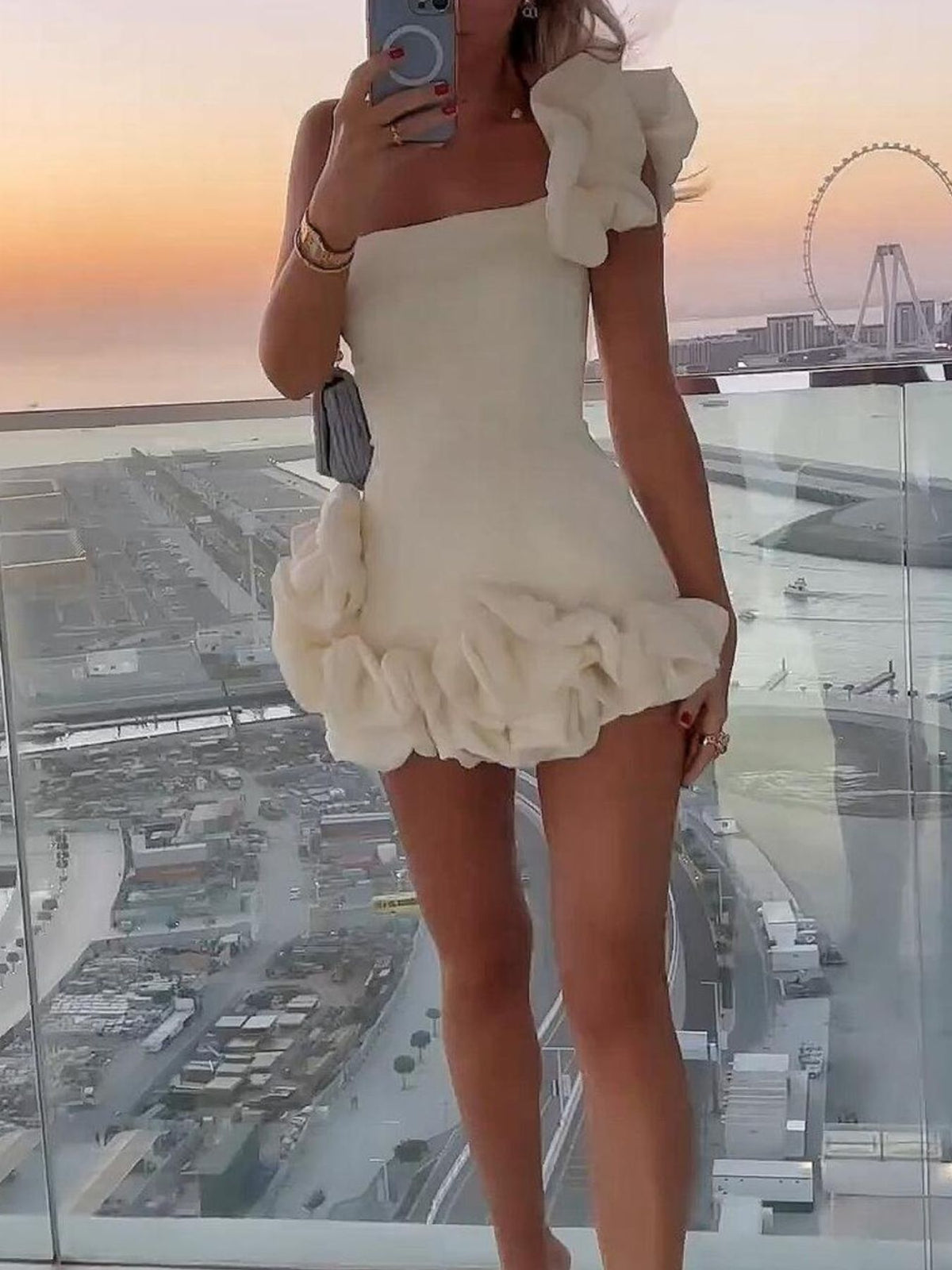 One-Shoulder Ruffle Mini Dress in White