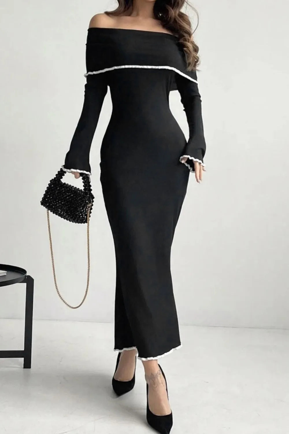 Contrast Trim Off-Shoulder Long Sleeve Maxi Sweater Dress in Black