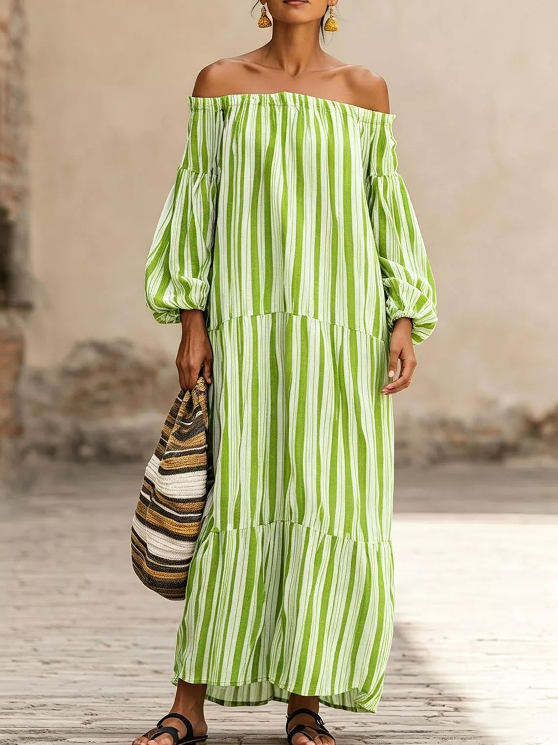 Striped Off-Shoulder Maxi Dress