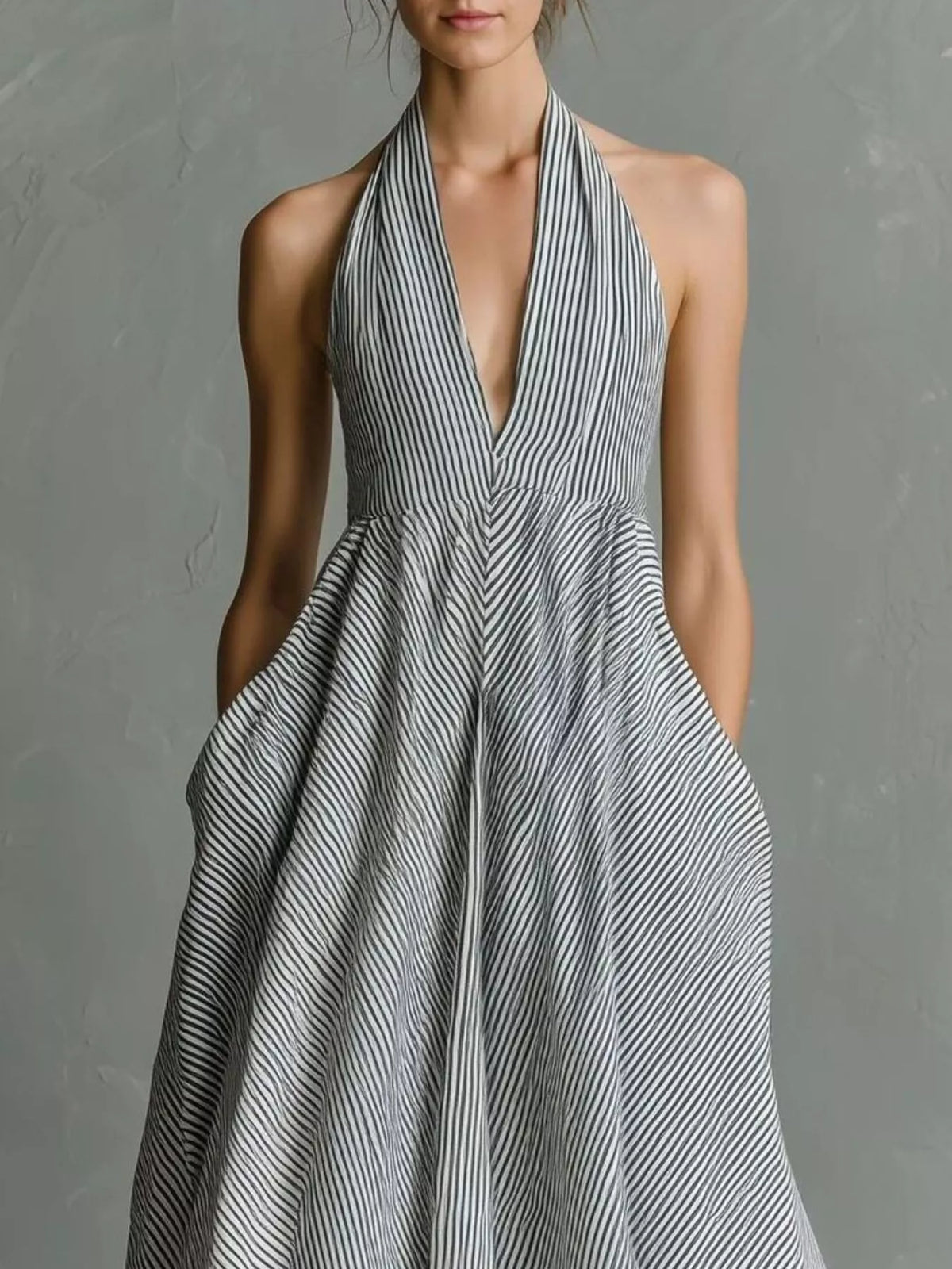 Striped Halter Maxi Dress with Pockets