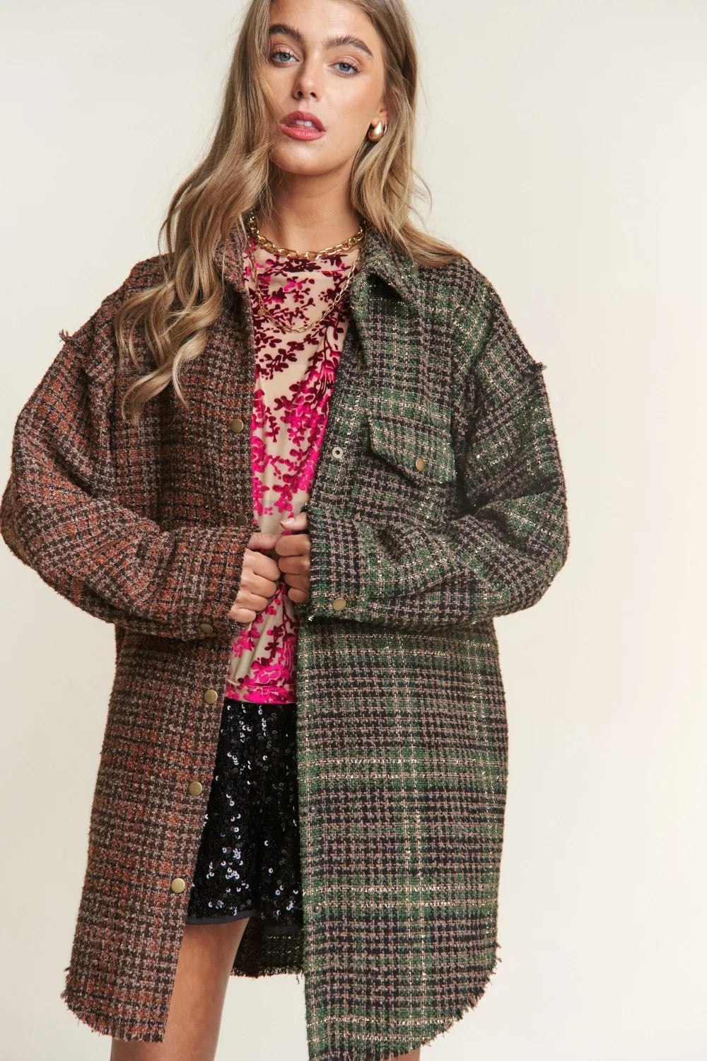 Tweed Plaid Longline Shacket in Misty Forest by J.NNA