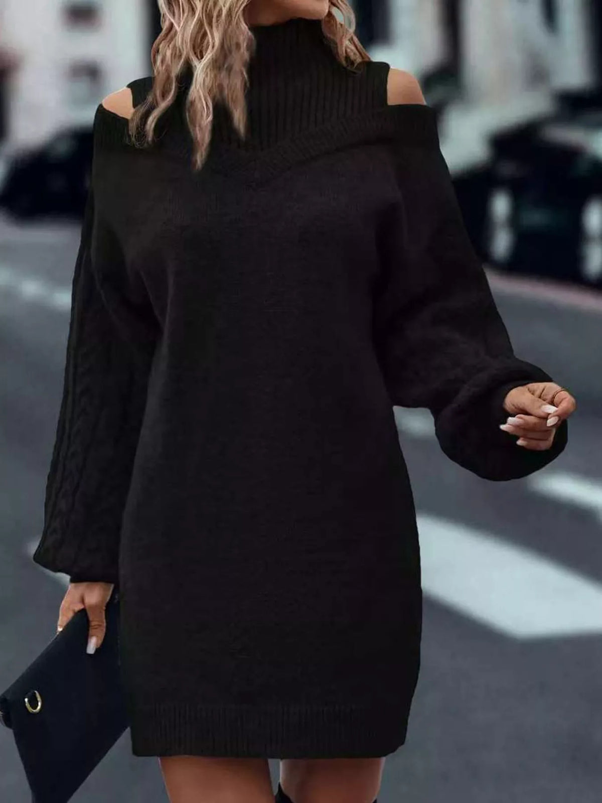 Cable-Knit Cold-Shoulder Mock-Neck Sweater Dress