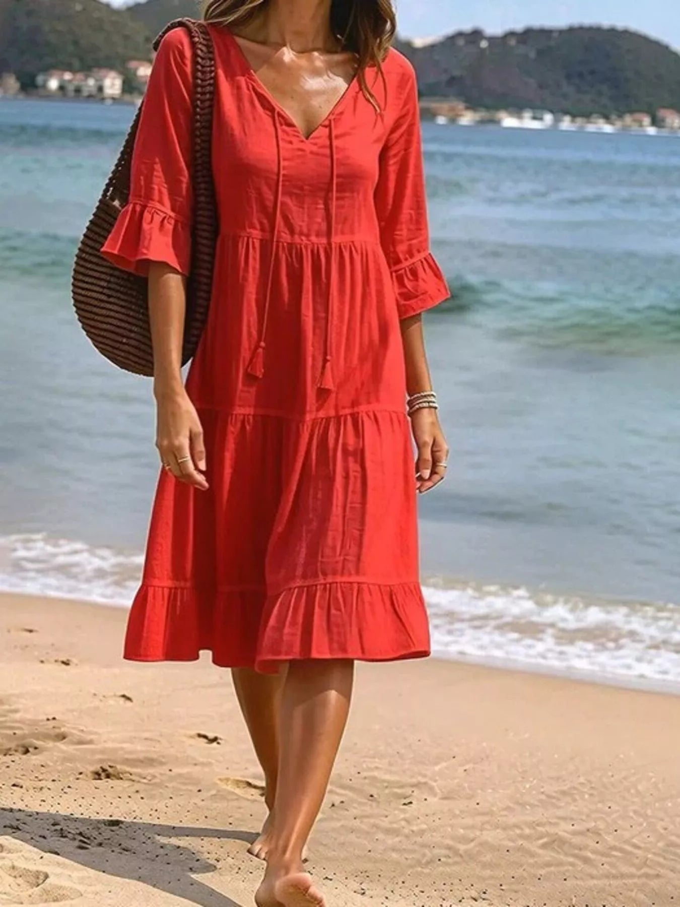 Tie-Neck Flounce Sleeve Tiered Dress