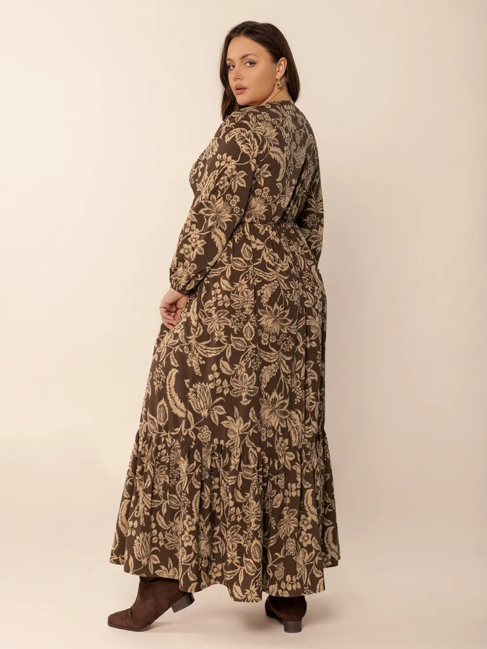 Printed V-Neck Balloon Sleeve Dress in Camel