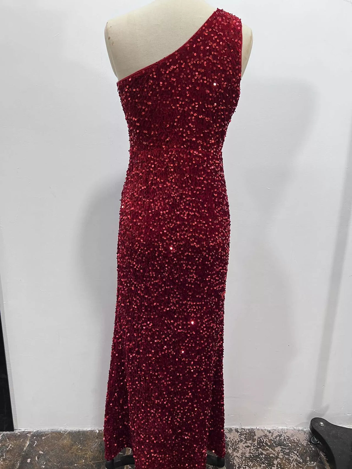One-Shoulder Sequin High-Slit Evening Dress