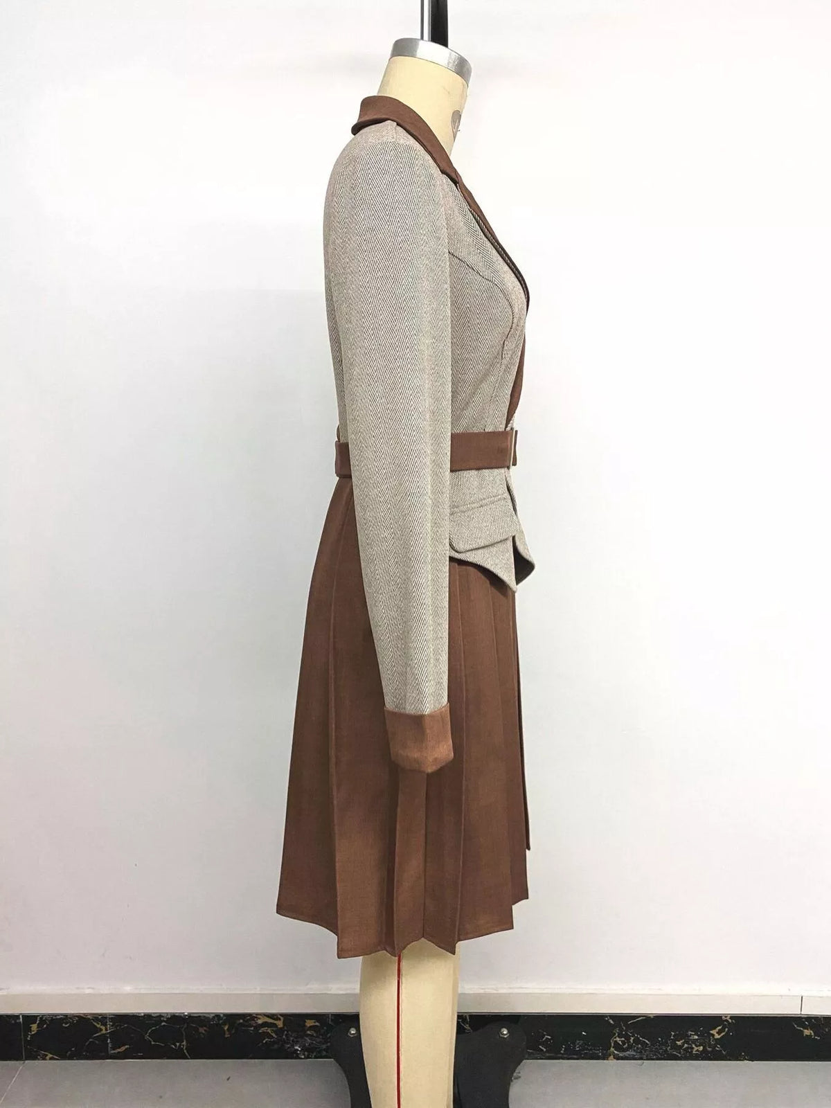 Pleated Patchwork Blazer Belt Dress in Brown