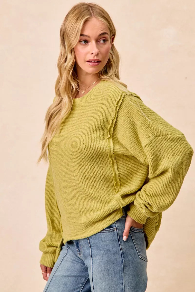 Boucle Uneven Hem Sweater in Lime by BiBi