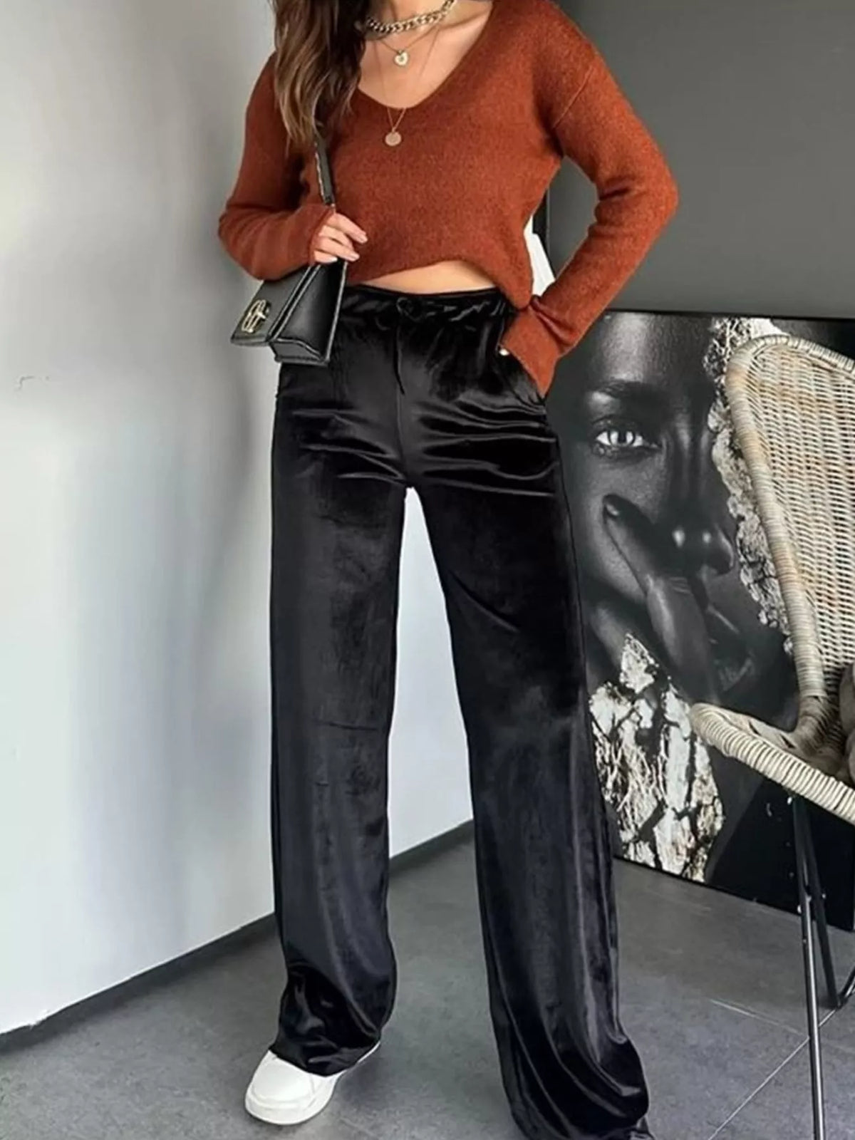 Velvet Wide Leg Pants in Black