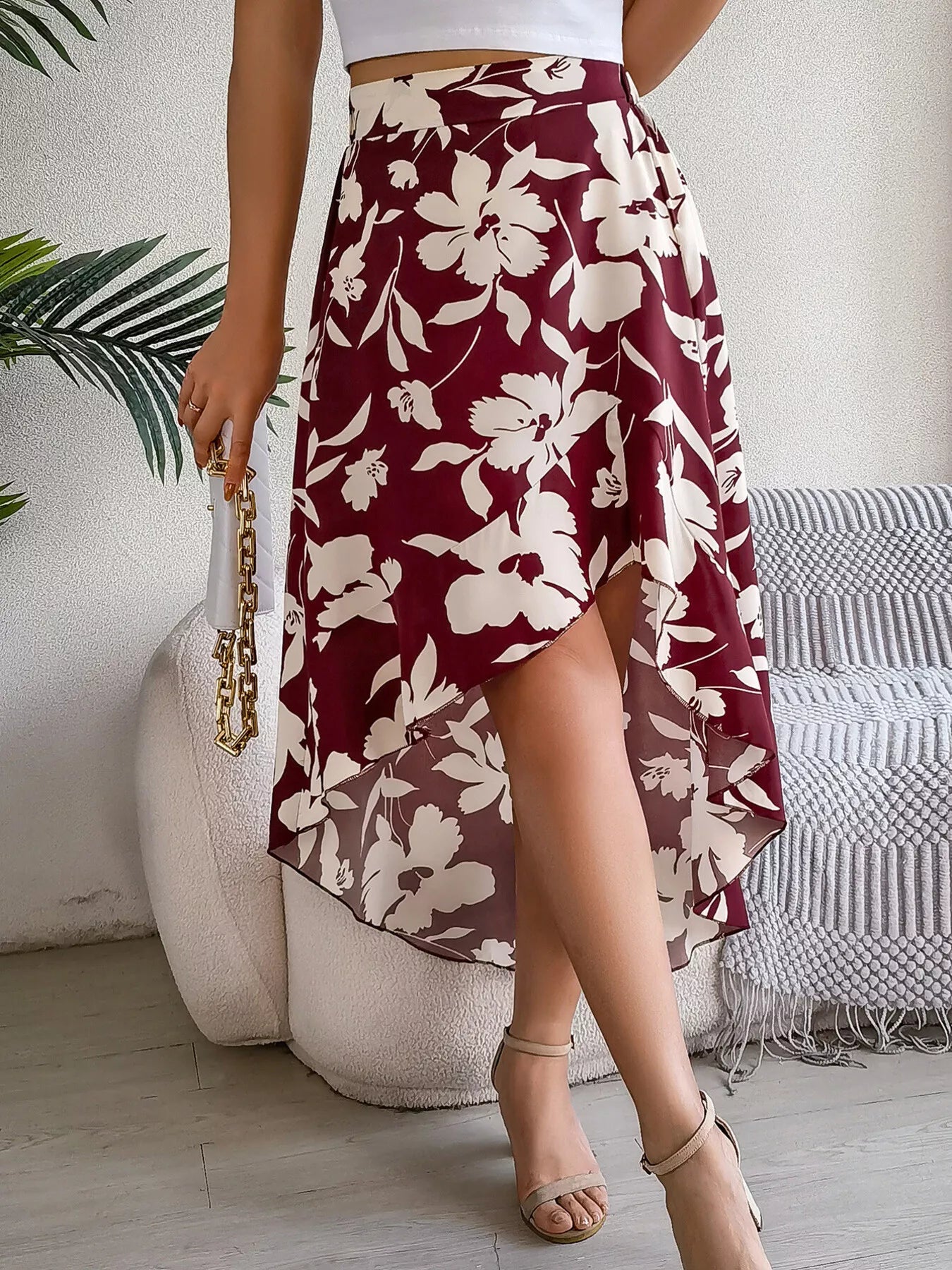 Floral Ruffle Hem Asymmetrical Skirt