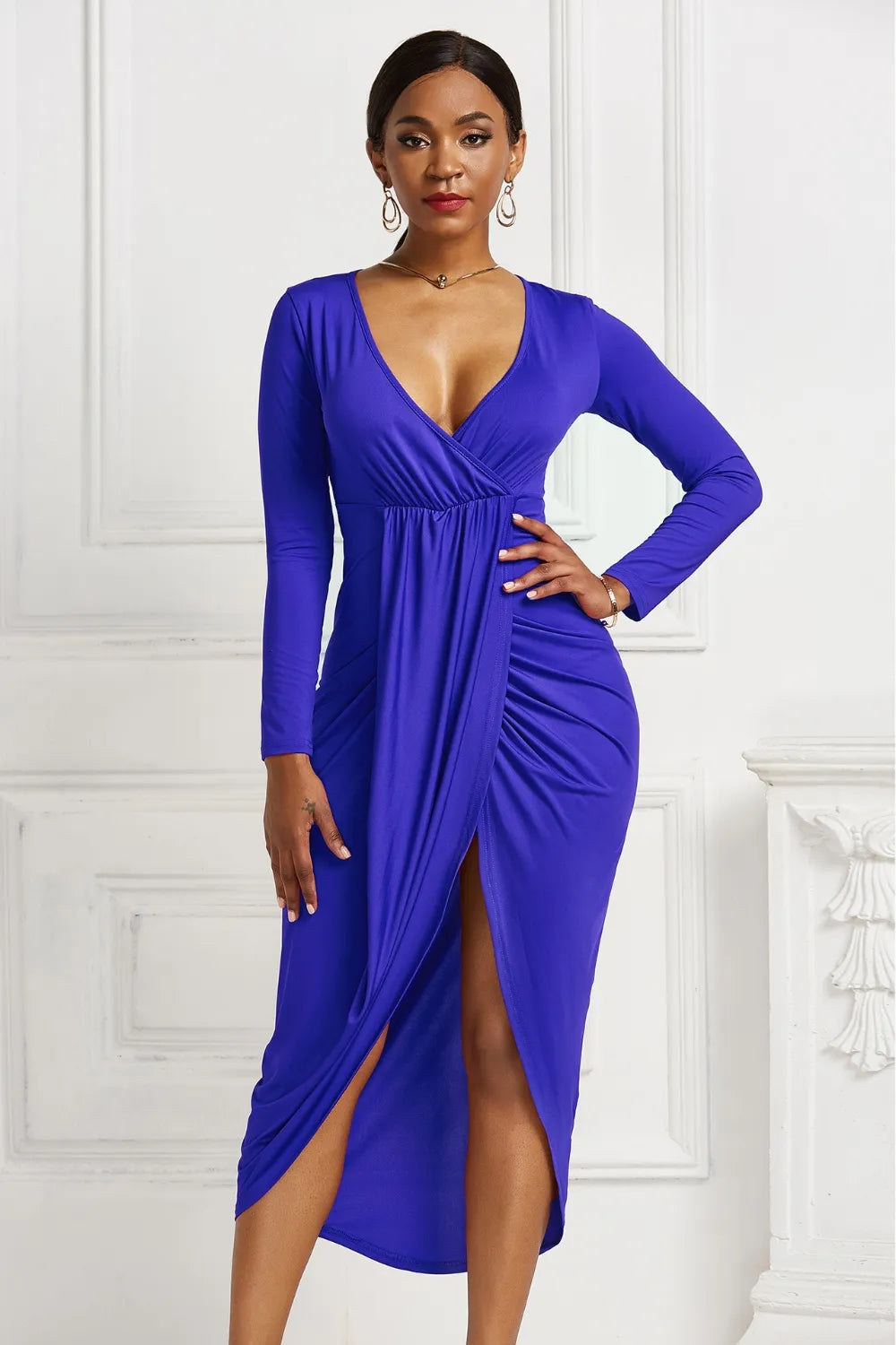 Ruched Surplice Long Sleeve High-Low Dress