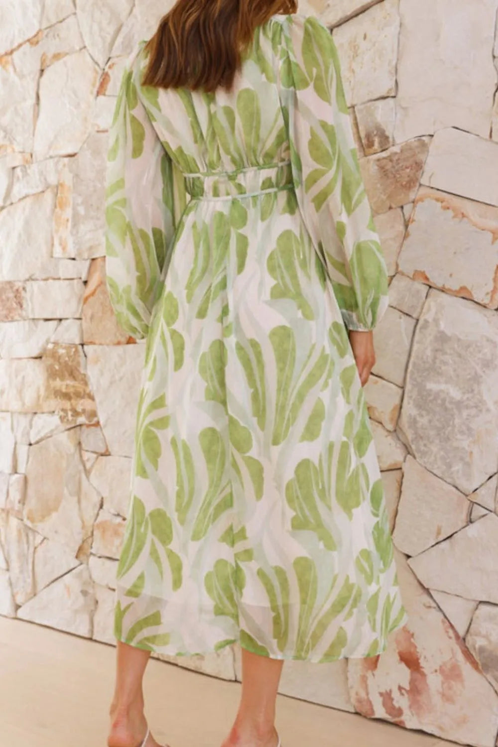 Ruched V-Neck Long Sleeve Midi Dress in Light Green