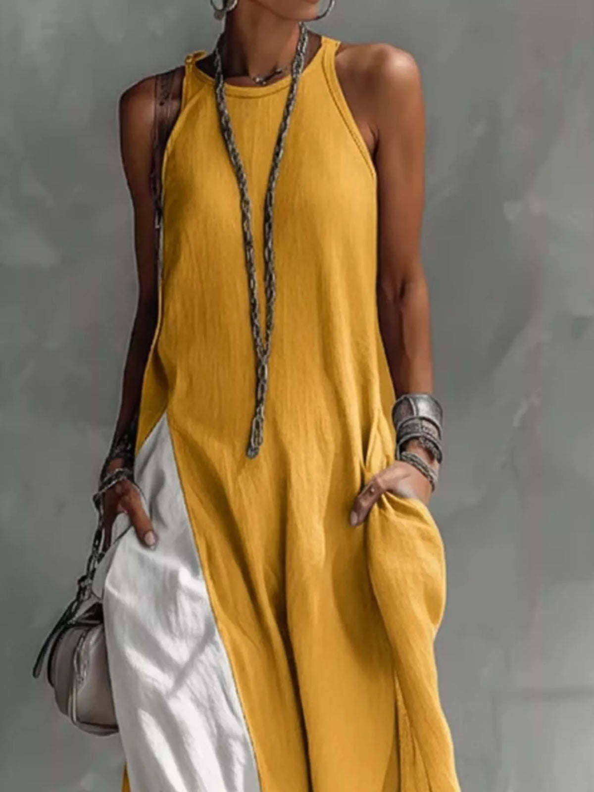 Two-Tone Sleeveless Maxi Dress with Pockets