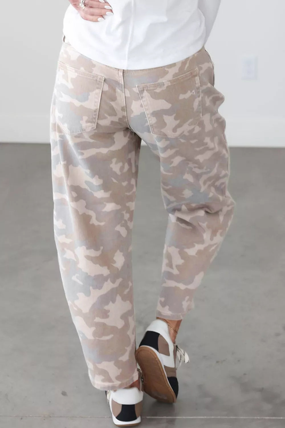 Camouflage Print Ankle Barrel Jeans in Dust Storm