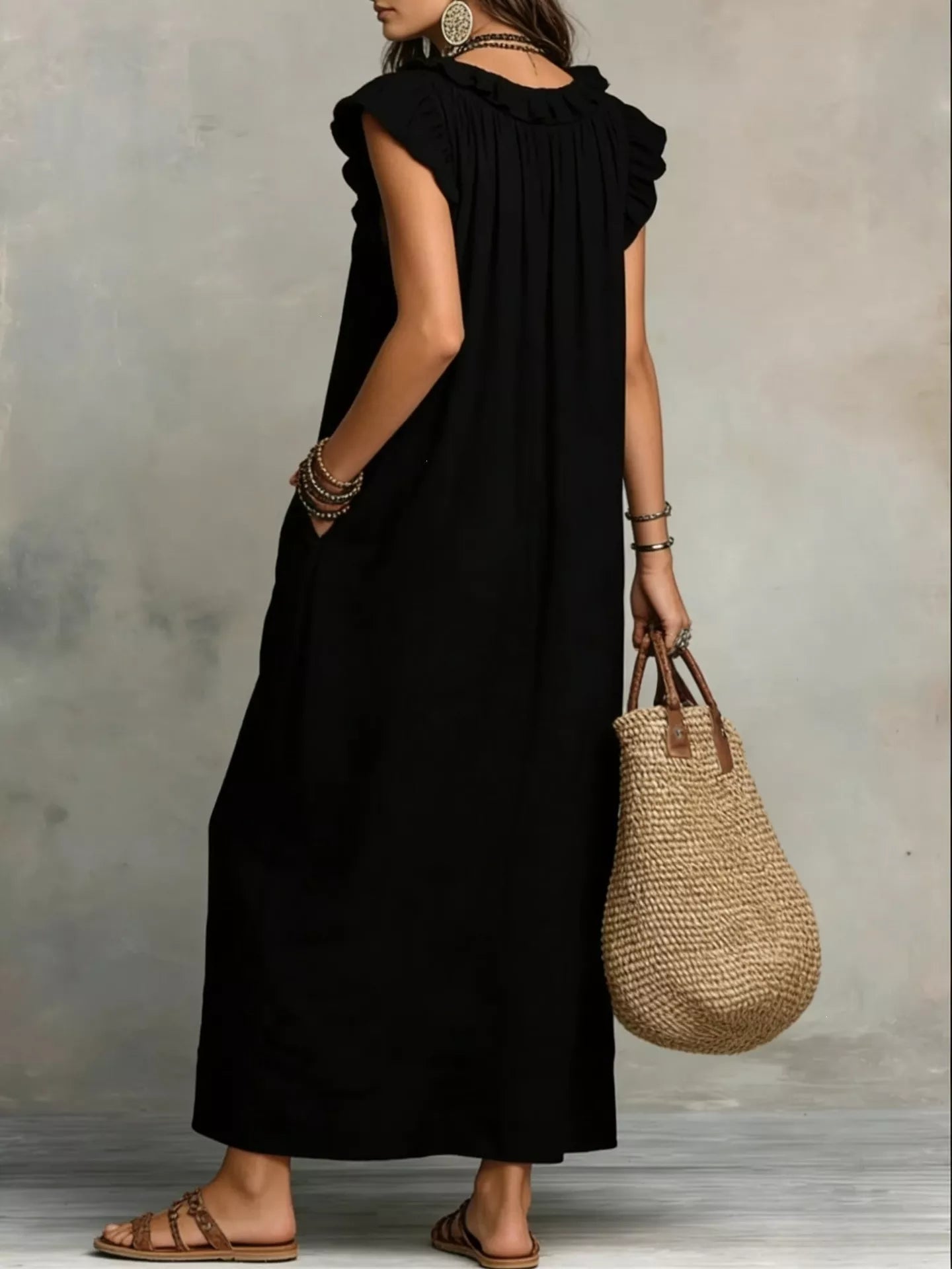 Ruffled V-Neck Cap Sleeve Maxi Dress Plus Size