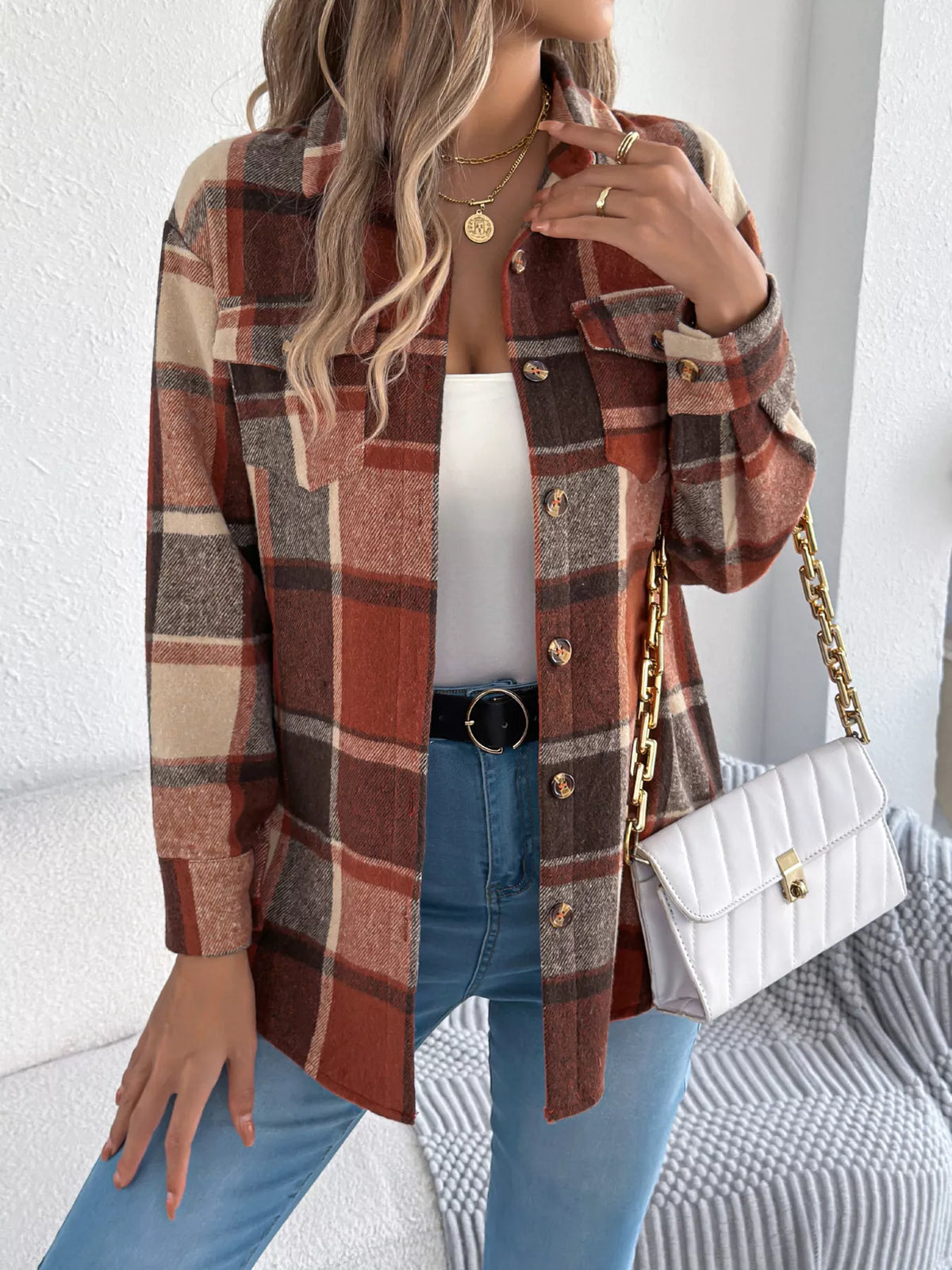 Plaid Button-Down Shacket by Clise