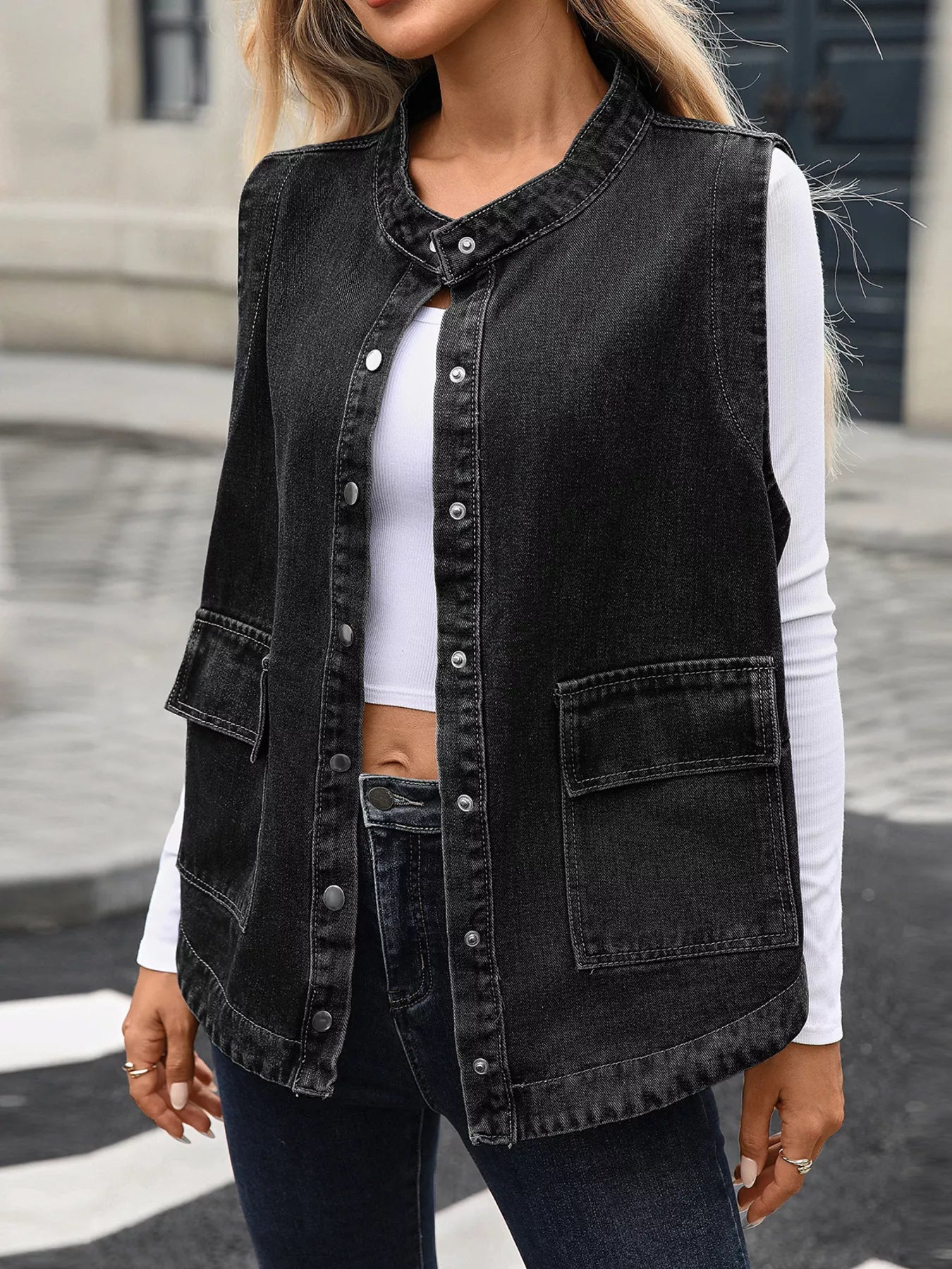 Snap-Down Sleeveless Denim Jacket by Moni Wear