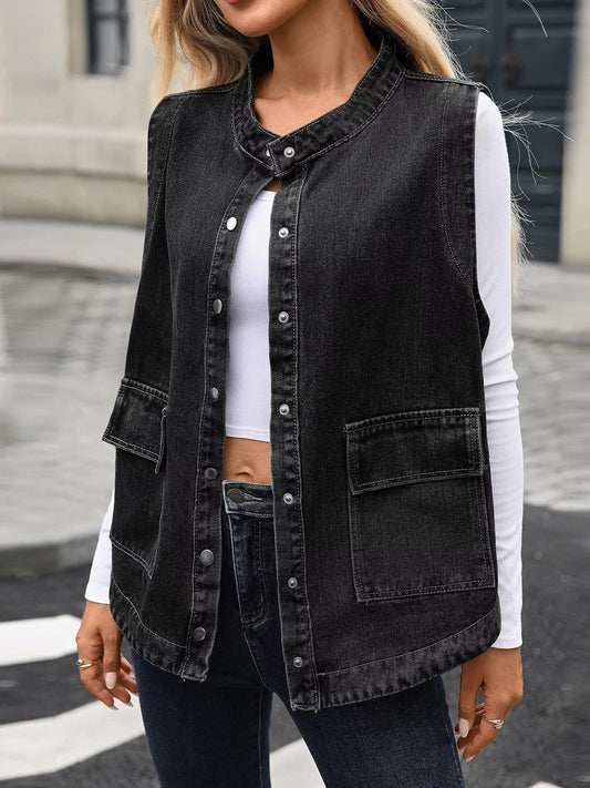 Snap-Down Sleeveless Denim Jacket by Moni Wear