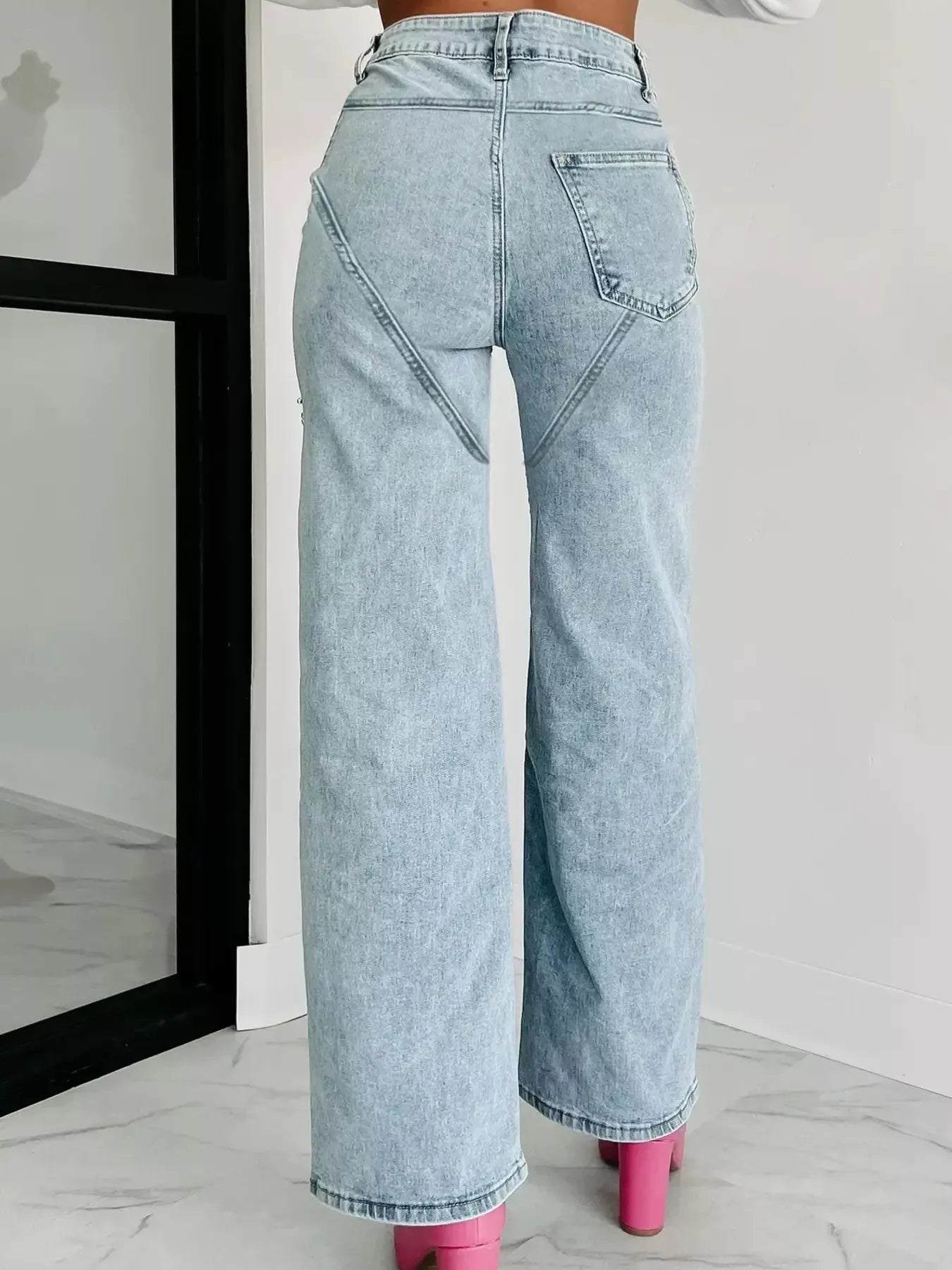 High Waist Cut-Out Wide Leg Jeans in Light Blue