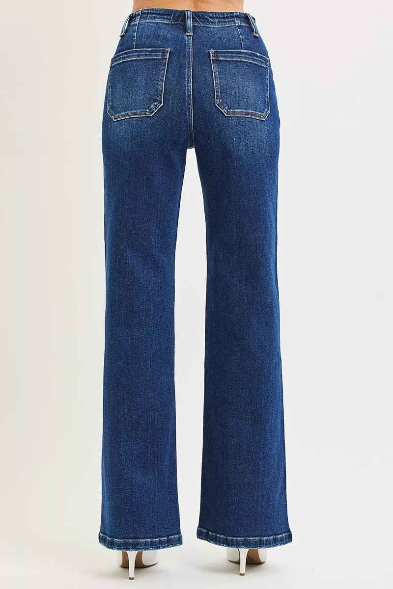 Risen High Rise Wide Leg Jeans with Front Tie in Dark Wash