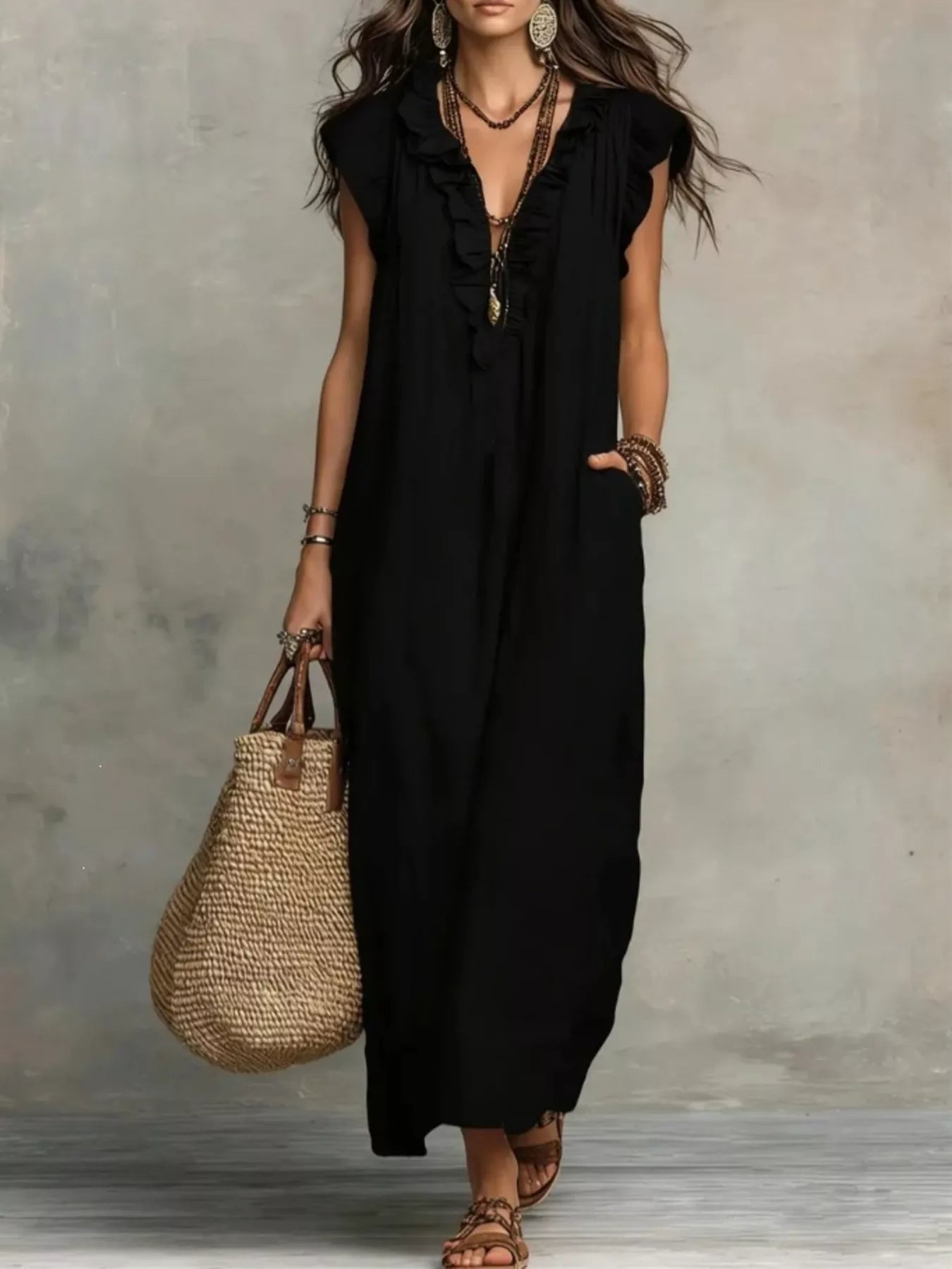 Ruffled V-Neck Cap Sleeve Maxi Dress Plus Size