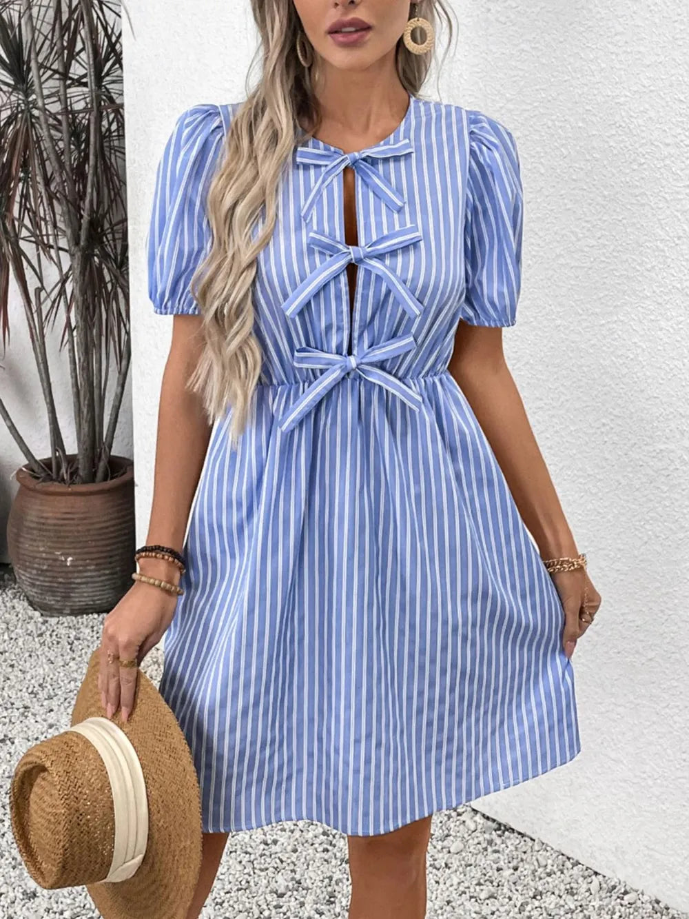 Tied Striped Short Sleeve Mini Dress in Light Blue