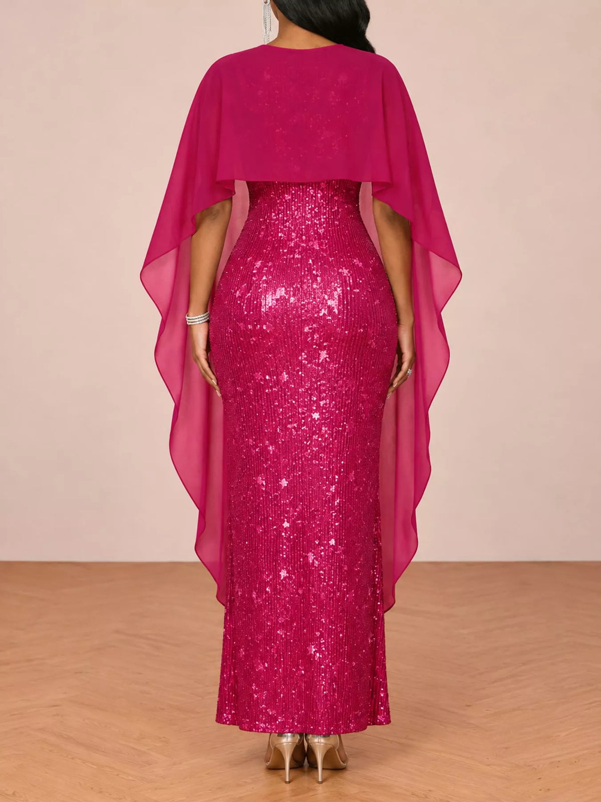 Sequin Cape-Overlay Evening Dress