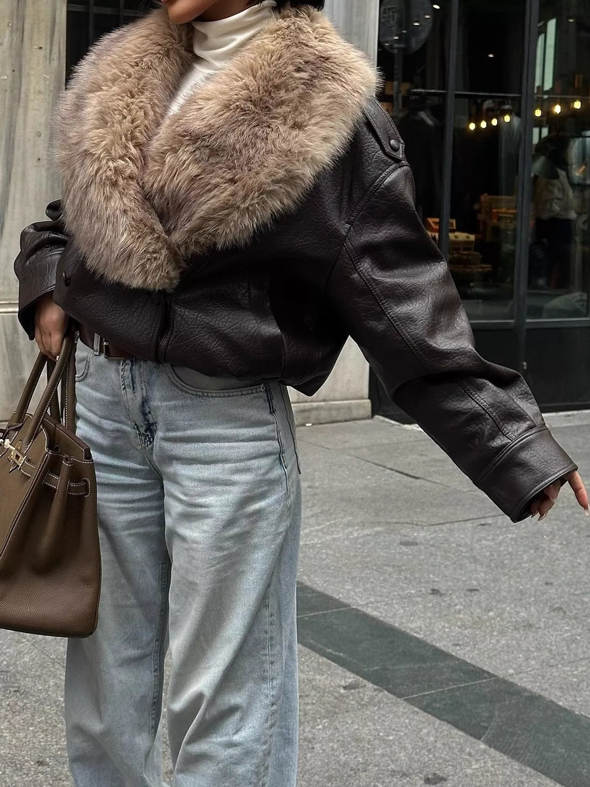 Faux Fur Collar Leather Bomber Jacket in Coffee