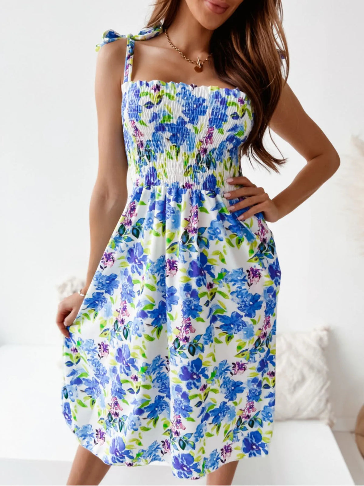 Floral Smocked Tie-Shoulder Dress
