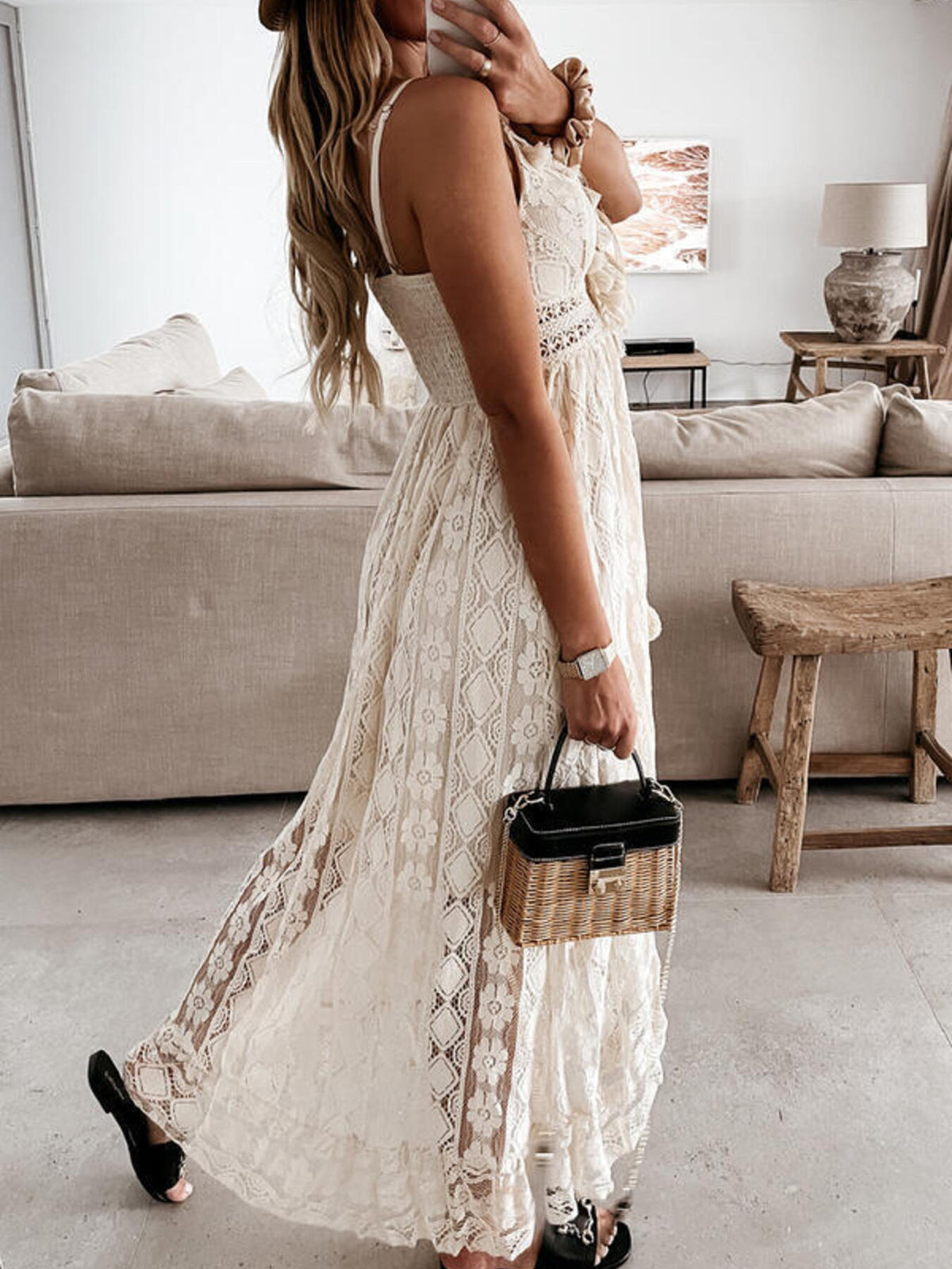 Ruffled Lace V-Neck Maxi Dress