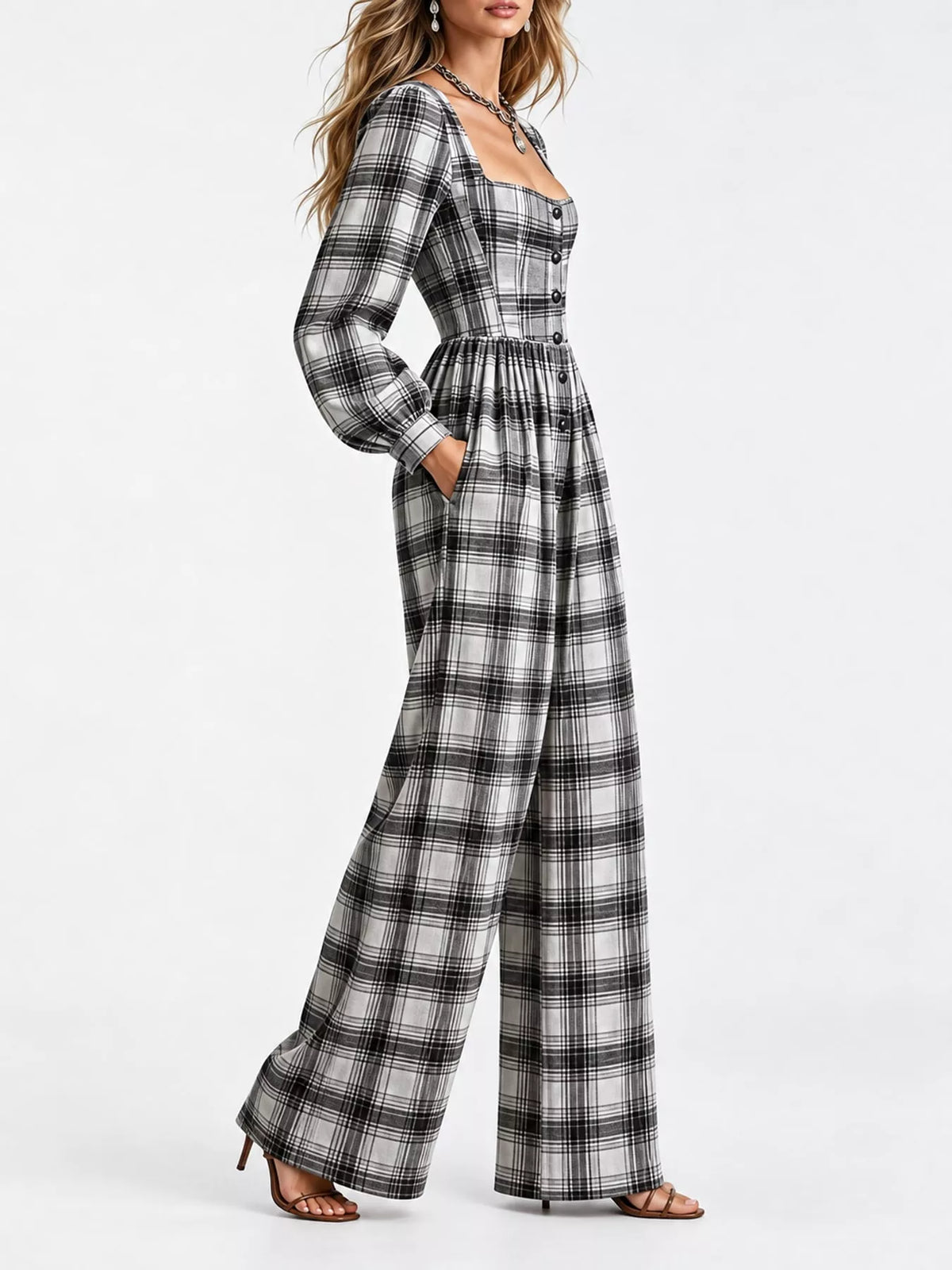 Plaid Square-Neck Wide-Leg Jumpsuit